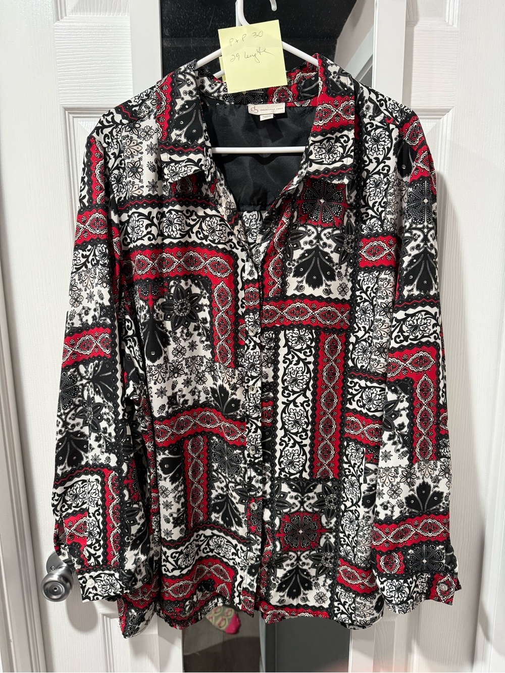 Dressbarn Red, Black & White Patchwork Print Button-Up Blouse size 3X